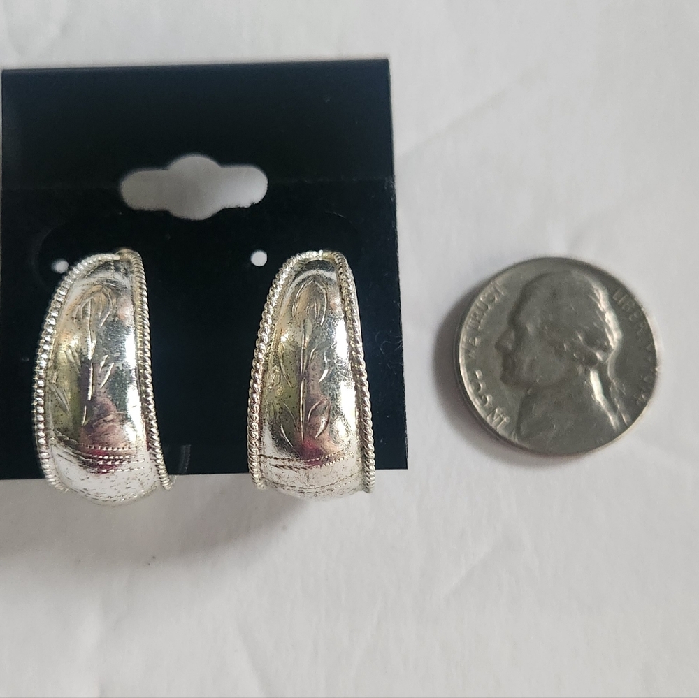 Sterling silver hoops signed 925 Han chunky medium sized with etching